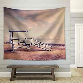 Vintage Retro Picture of Wooden Lifeguard Tower, Beach in California, USA. - Fabric Wall Tapestry Home Decor - 51x60 inches