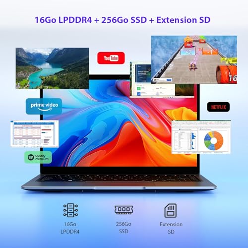 14 inch Laptop, 16GB DDR4 RAM 256GB SSD Win11 Laptop PC, Celeron N4120, 1920x1080 FHD IPS, 5G WiFi/Mini HDMI/USB/BT, Support Extension 1TB, Includes Mouse/Mouse Pad/AZERTY Film
