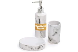 Bodico 3-Piece Marble Bathroom Accessory Set with Soap Dispenser, Soap Dish, and Toothbrush Holder, Modern Ceramic Design, St