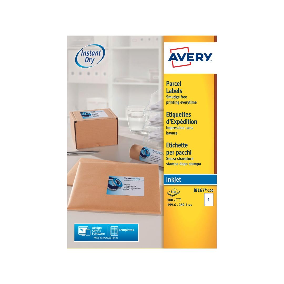 Avery Printable, Customisable Parcel Shipping Labels, Inkjet Printers, 1 Label Per A4 Sheet, 100 Labels, Quickdry (J8167), White