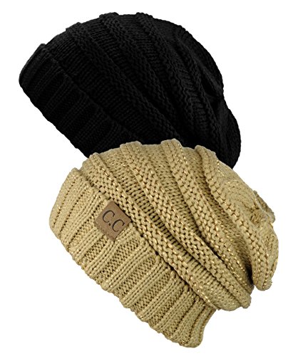 NYFASHION101 Oversized Baggy Slouchy Thick Winter Beanie Hat - 2 Pack, Black/Gold