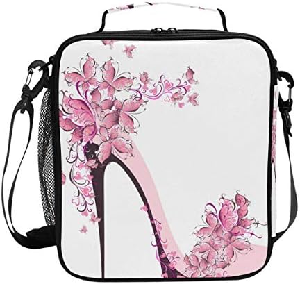 DEYYA High Heel Shoes Butterflies Square Insulated Lunch Tote Bag Cooler Bag Zipper Lunchbox Meal Handbag with Shoulder Strap for Kids Girls Boys Men Women