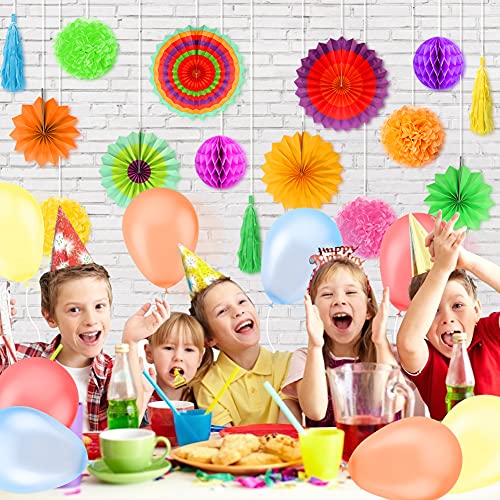 Koogel 27 STK. Seidenpapier Blumen Pompoms Set, 8 Papierblumen 2 Wabenbälle 6 Fächer 3 Quaste Girlande 8 Ballons für Party Hochzeit Geburtstag Festival Zeromonie Fasching Deko