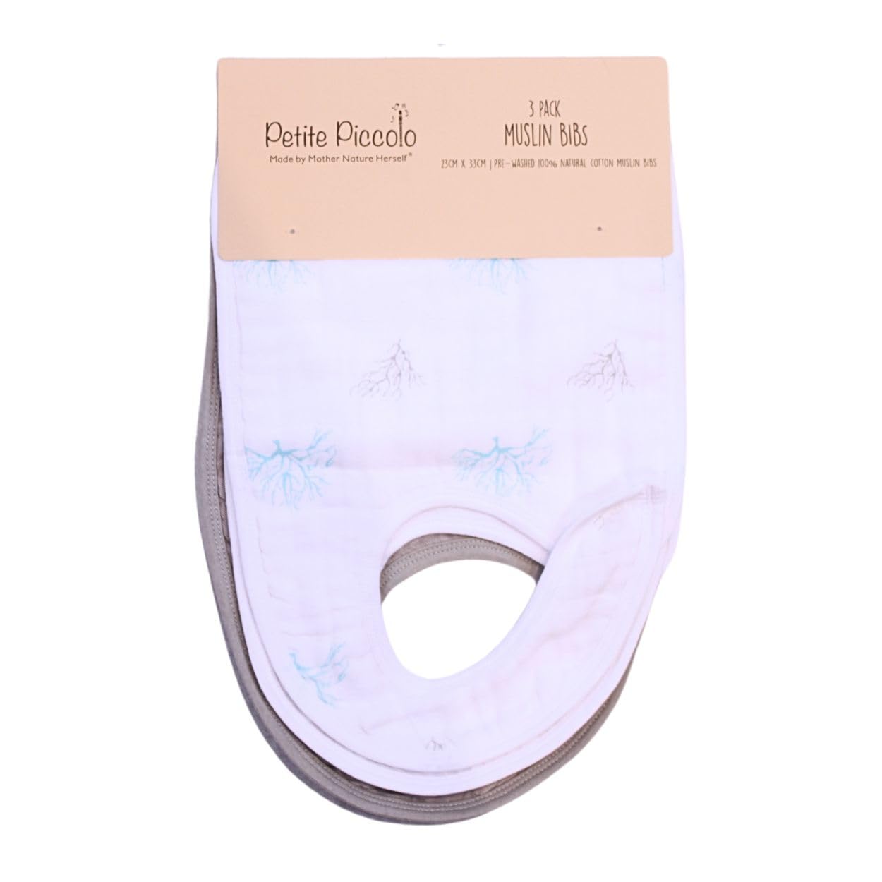 Petite Piccolo Muslin Baby Bibs, Drool Bibs, Adjustable, Soft and Absorbent, 3 Pack, 23cm x 23cm - Coral Design