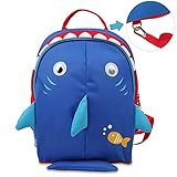 Yodo Kids Insulated Toddler Backpack with Safety Harness Leash and Name Label - Playful Preschool Lunch Boxes Carry Bag, Navy Shark