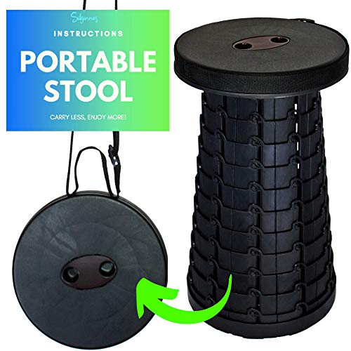 Silginnes Retractable Stool – Lightweight Portable Folding Stools for Adults and Kids – Best for Camping Stool, Travel Chair, Fishing, Hiking, BBQs and Gardening – Collapsible Stool (Black)