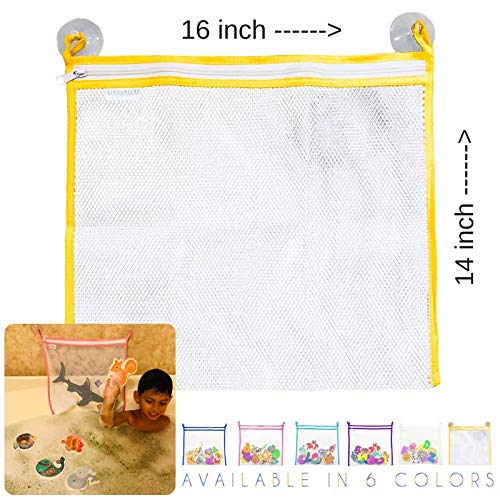 Premium Organizer with a Zipper + 2 Premium Suction Cup Hooks. Quick Dry Netting That is Perfect for Daily Use. Sticks to Bathtubs, Windows, Mirrors & More! (Yellow)