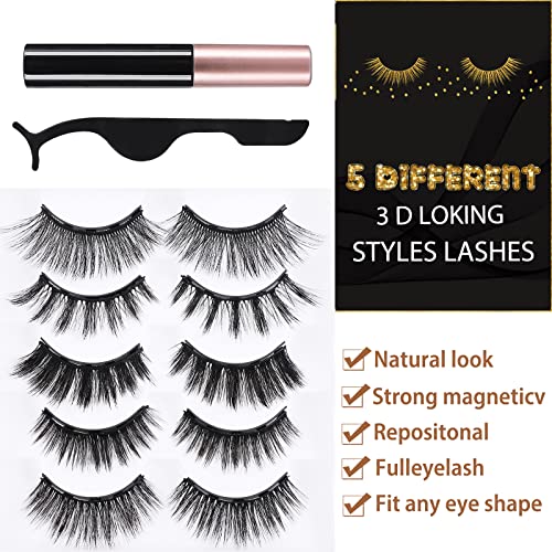 Magnetic Eyelashes, 5 Kinds 6D Fake Eyelashes Kit False Eyelashes Natural Look Waterproof Faux Mink Lashes Easy to Wear Magnetic False Lashes with Eyeliner No Glue Need 5 Pairs