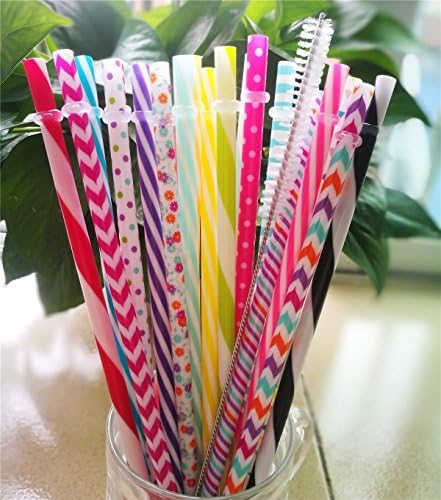 KKMO 25PCS 9 inch Reusable Plastic Thick Drinking Straws 16 OZ Mason Jar Straws Small Stripe for 20 30 OZ Yeti