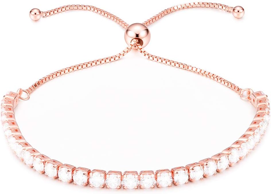 S925 Sterling Silver Bolo Cubic Zirconia CZ Tennis Pearl Bracelet Rose Gold Adjustable Ladies Jewelry Bracelets for Women Girls Kids Teen Gifts Box