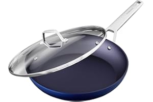 MsMk Non Stick Frying pan Set with lid Blue, 12-inch Durable Skillet, Titanium and Diamond Non Stick Non-Toxic Coating from U