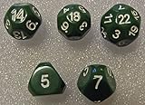 Set of Unusual Dice: d5, d7, d14, d18, and d22 in Green