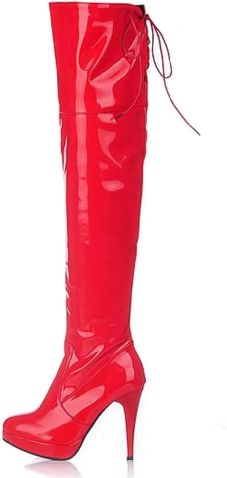 GEXING Women's Over Knee patent Boots Thigh High Boots | Stiletto Heel Boots| Slim Heel Boots | Thigh High Heeled Boots | Heel Boots Women | Over The Knee Lace Up Boots (Color : Red, Size : 40)