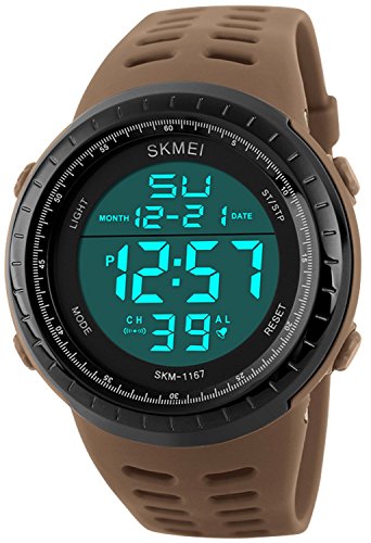 PASOY Men's Military Swiming Watch Brwon Rubber Band Stopwatch Waterproof Women's Sport Digital Watches