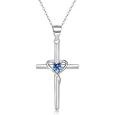 YZSFMZGE Cross Necklace for Women, 925 Sterling Silver Birthstone Necklace, 5A CZ Cross Heart Pendant with Adjustable Chain, 16+2 Inches