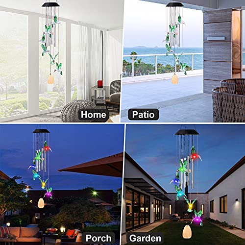 Hummingbird Solar Wind Chimes for Outside, LiveGo 32 Inch Large Waterproof Hanging Memorial Windchimes with LED Color Changing Light for Mother Grandma Home Garden Decor, Silver