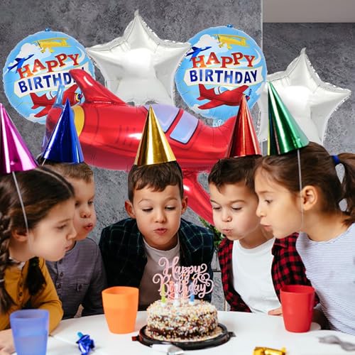 Rozi Decoration Airplane Theme Birthday Party Foil Balloons Set – Red Plane, Star and Round Happy Birthday Balloons Decoration Kit for Kids Party Supplies Set of 5 Pcs 3