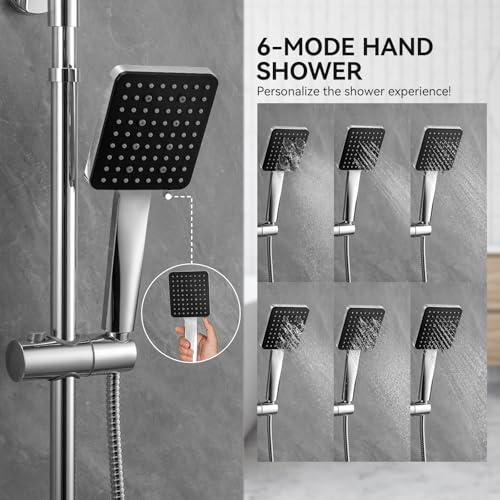 Auralum Chrome Thermostatic Shower Column with Mixer, Complete Set Rainshower 30 cm Stainless Steel, Adjustable Rod 88-124 cm and Hand Shower with 6 Modes of Use, Complete Shower Head