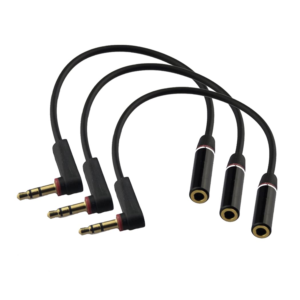 LiKuCo 3Pack 6 inch 3-Pole 3.5mm Male Right Angle to 3.5mm Female Stereo Audio Cable Headset Extension Cable,M to F Audio Cable (Black)