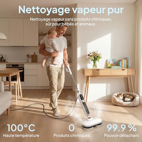 Livatro Steam Mop for Hard Floors with Motorized Rotating Head | 1300 W, steam ready in 30 s, 500 ml removable tank, 15 accessories and 5 m cable