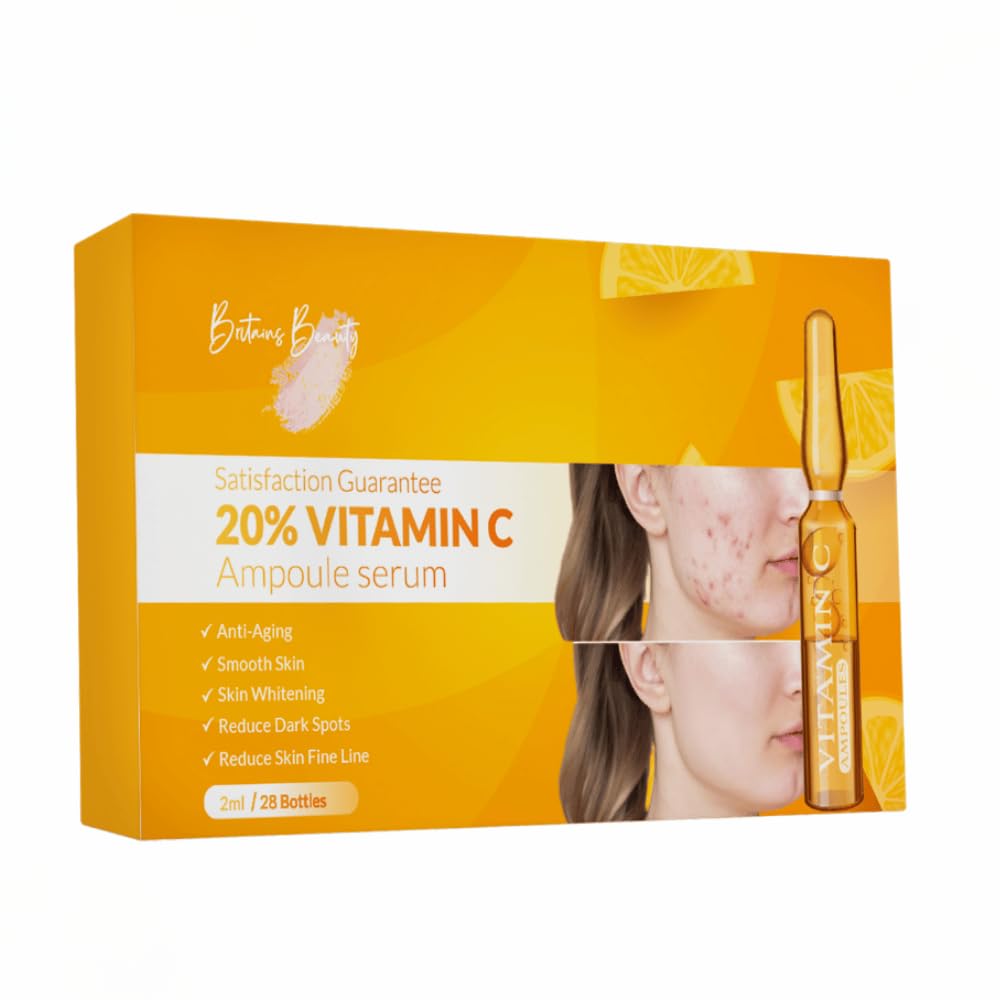 Britains Beauty Vitamin C Serum 20% – L-Ascorbic Acid with Hyaluronic Acid & Vitamin E – Brightening Facial Serum for Uneven Skin Tone, Fine Lines, Dark Spots – 28 x 2ml Ampoules