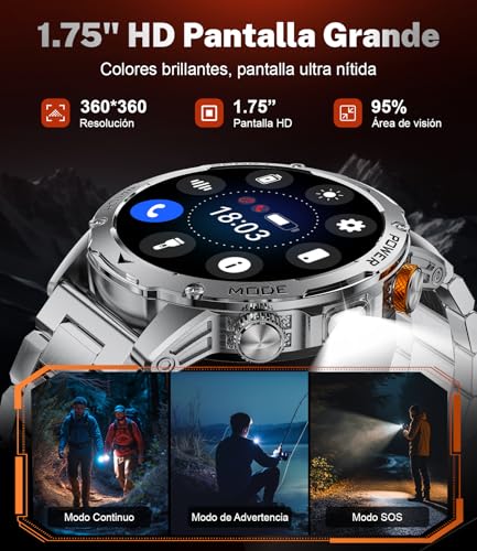 LIMIGE Men's Smart Watch, 1000 mAh, 3 Straps, 1.75 Inch HD Smartwatch Men's Military with LED Calls Flashlight 5ATM Waterproof 120+ Sports Modes Pedometer Bracelet Activity Android iOS Silver