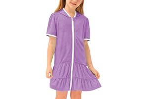BesserBay Summer Girls Zip-Up Terry Beach Quick Dry Cover Up Cozy Tiered Ruffle Hem Smocked Bathrobe with Hood 3-14 Years