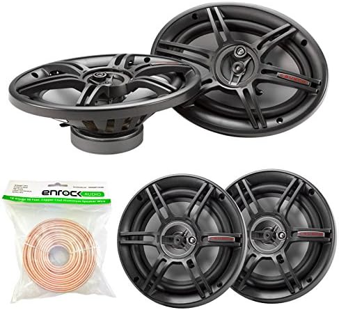 Car Speaker Package - 2x Crunch CS653 6.5-Inch Full Range 3-Way Black Upgarde Audio Stereo Coaxial Speakers + 2x CS693 6x9-Inch Speaker Bundle Combo With Enrock 50 Foot 18 Gauge Speaker Wire