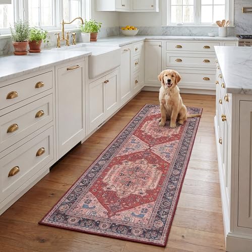 SAFAVIEH Washable Rug Tucson Collection - 2'6' x 8' Runner, Red & Navy, Slip Re…