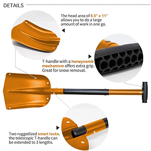 Jolitac Snow Shovel Sturdy Aluminum Lightweight Utility Winter Snow Removal Tools for Car, Camping and Outdoors Emergency, Collapsible Portable Snow Pusher (Gold) - Thumbnail 4