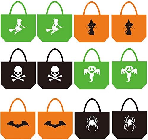 12 Packs Halloween Trick or Treat Candy Tote Bags, Halloween Non-Woven Bags with Handles Party Favors, Gift Bags, 6 Design, 12 pcs (13 x 10 x 4 in)