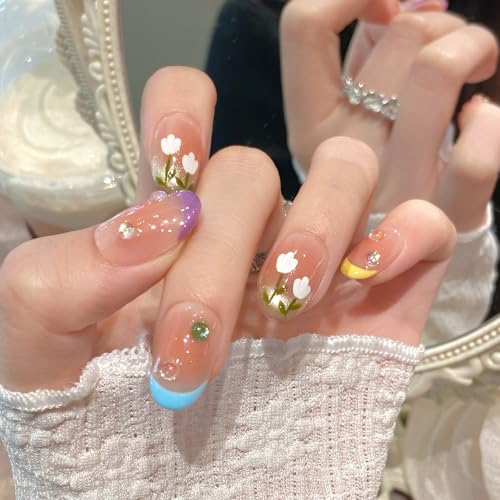 Yacey Handmade Press On Nails 3D Floral Spring Colorful Medium Oval 10PCS,M at Amazon