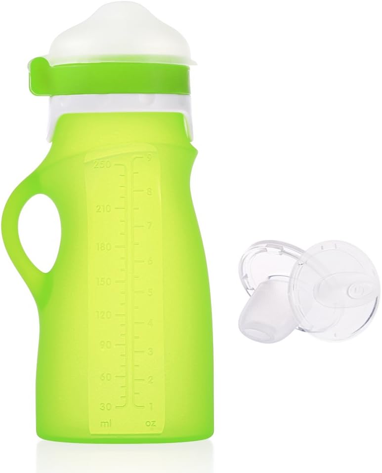 Baby Food Milk Feeding Bottle,2 Colors Food Grade Silicone 250ml Water Milk Food Bottle for 0~3 Years Baby Boy Girl, Easy Start Self Sterilising (Green)