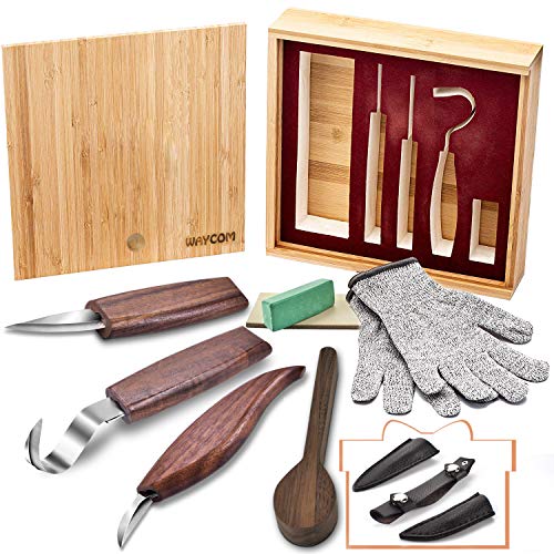 12pcs Wood Carving Tools Set-WAYCOM Hook Carving Knife,Detail Wood Knife,Whittling Knife Cut Resistant Gloves Leather Sheath And Bamboo Gift Box For Spoon,Bowl,Cup Or General Woodwork