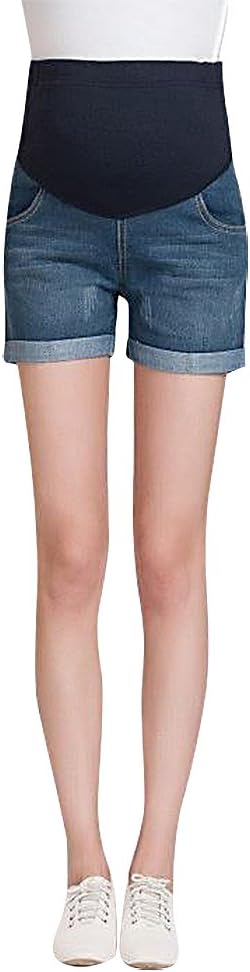 Women's Maternity Elastic Adjustable Waist Denim Shorts Blue Jeans Pocket