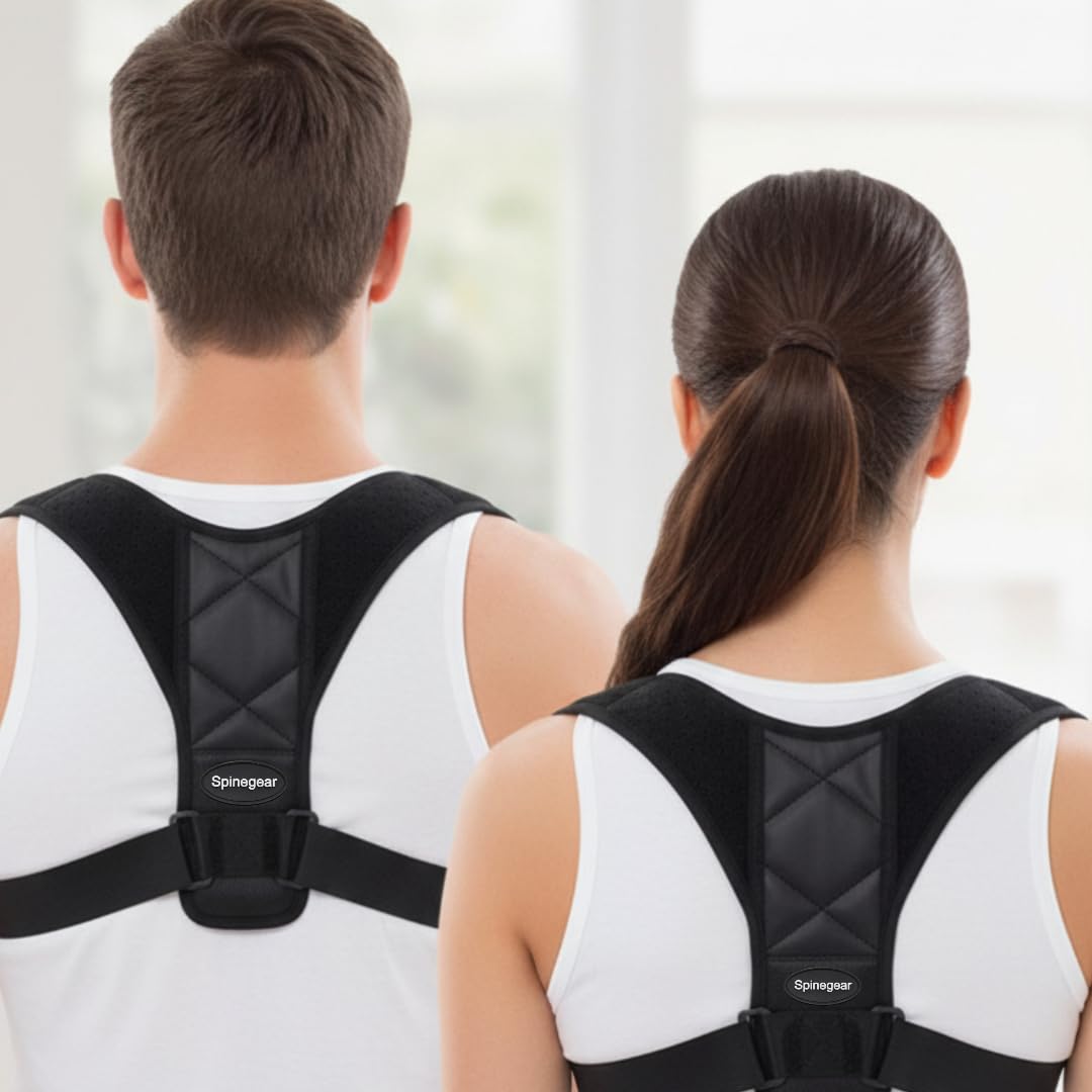 Spinegear Posture Corrector for Men And Women - Adjustable back brace upper back support strap - Clavicle straightener providing Support for neck slouching and back Pain Relief (Black, S)