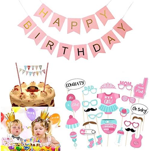 40Pcs Baby Girl Birthday Decorations Happy Birthday Banner Gold Crown Hats Baby Shower Photo Booth Props