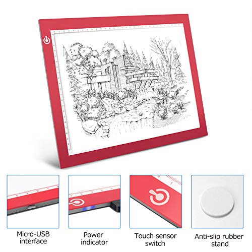 A4 Dimmable Brightness LED Artcraft Light Box Tracer Slim Light Pad Portable Tablet, ME456 USB Power Cable Copy Drawing Board Tracing Table for Artists Designing, Animation, Sketching (Red)