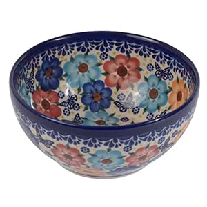 Traditional Polish Pottery, Handcrafted Ceramic Salad or Cereal Bowl 800 ml (d.16cm), Boleslawiec Style Pattern, M.702.Meadow