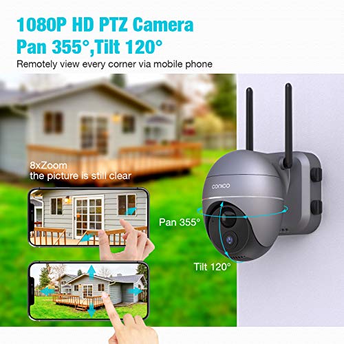 Wireless Outdoor Battery Powered Camera, Conico 1080P Pan/Tilt WiFi Security Camera with