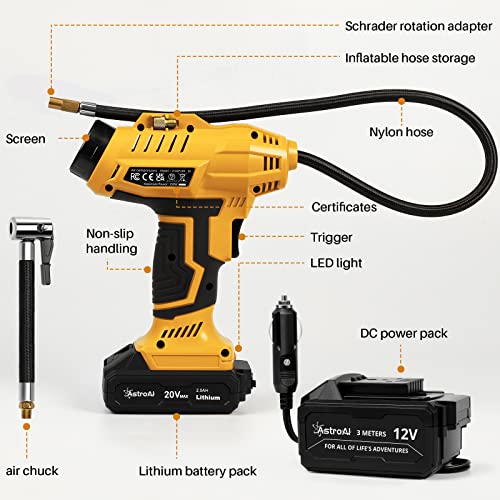 AstroAI Cordless Tire Inflator Air Compressor 20V Rechargeable Battery