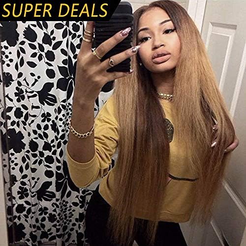 Best Long Middle Part Wig Ombre Honey Blonde for Women or Girls Cosplay Daily Party Cheap Heat Resistant Synthetic Full Wigs Straight Real Fiber Wig (Not Human Hair) Half Hand Tied 24In Free Wigs Cap