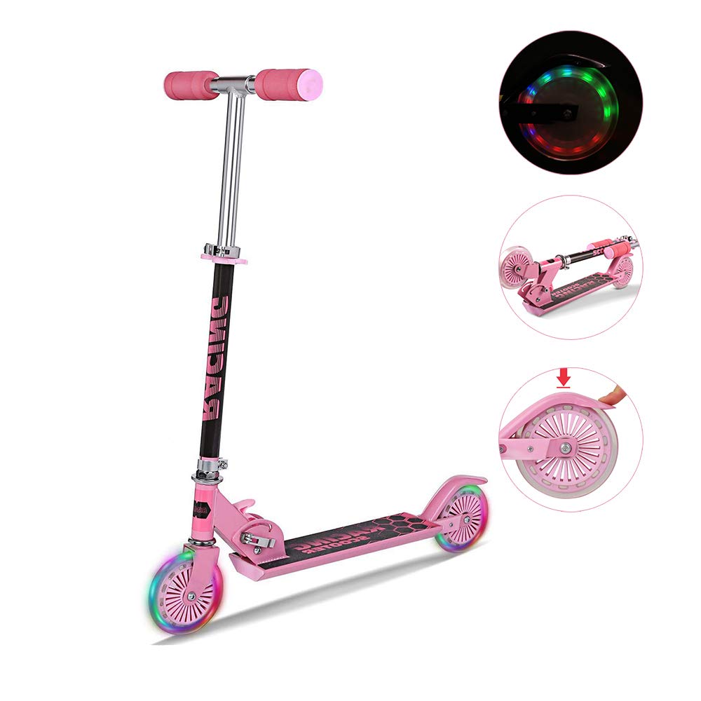 Mini Kick Scooter with Light Up Wheels, Adjustable Height Folding Scooters for Kids Xmas Gifts, Ages 3-17 Years (US Stock) (Pink)