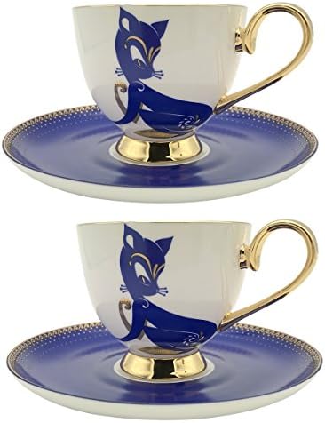 Yosou Home Custom Blue Fox Coffee Mug and Saucer Set With Gift Box,Arts Teacups,Set Of 2