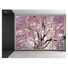 Wall26 - Branches Filled with Pink Cherry Blossom Flowers Viewed from Sliding Door - Creative Wall Mural, Peel and Stick Wallpaper, Home Decor - 66x96 inches