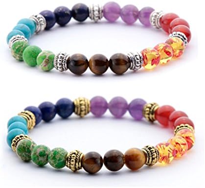 2 Pack 7 Chakra Lava Stone Diffuser Elastic Bracelet for Men ,Women Healing Balancing Natural Stone Yoga Bracelet Bangle