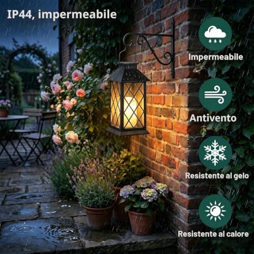 Yowin Lanterne da Esterno 2 Pezzi Lanterna Solare da Giardino con Candele Tremolante, Lampada da Appendere Impermeabile Lampade da Tavolo per Arredo Giardino Terrazzo Balconi Decorazioni - Nero