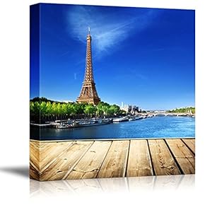 Canvas Prints Wall Art - Beautiful Scenery Wooden Deck Table and Eiffel Tower in Paris | Modern Home Deoration/Wall Art Giclee Printing Wrapped Canvas Art Ready to Hang - 12" x 12"