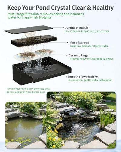 POPOSOAP 8" Pond Waterfall Spillway Filter Kit, 304 Stainless Steel Water Blade Weir with 7-Colour LED Lights & Remote, Quiet Pump, 9.84ft Hose for Garden Pond Water Feature