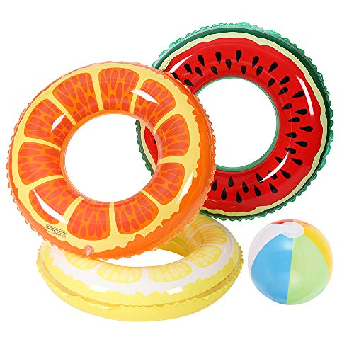 image for Lucky Doug 3PCS Swim Ring with 1 Beach Ball, Kids Inflatable Fruit Swi